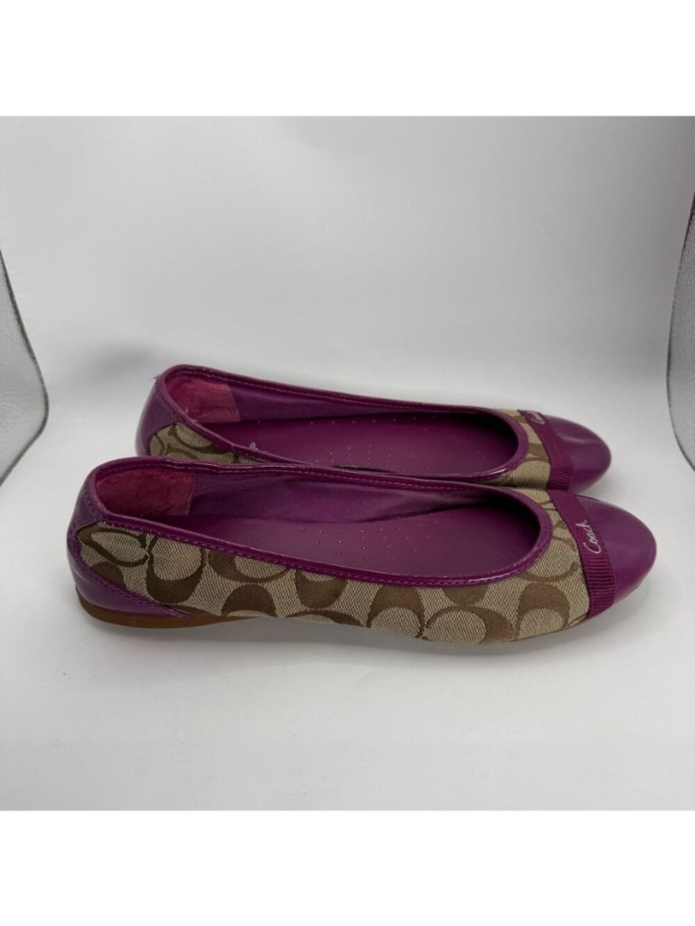 Coach Womens Pink & Tan Signature Ballet Flats Size 8 Canvas & Patent Leather